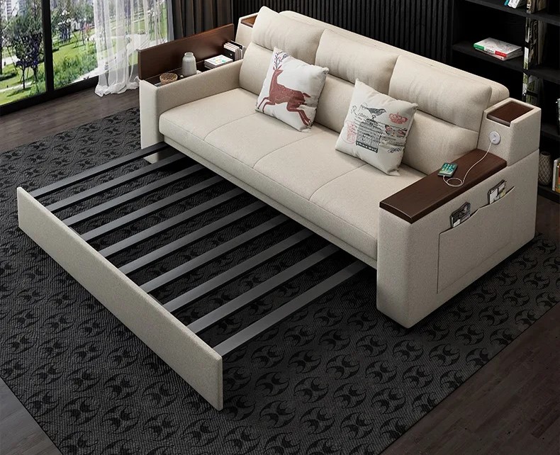 beżowa rozkładana sofa z dwoma portami usb i schowkami