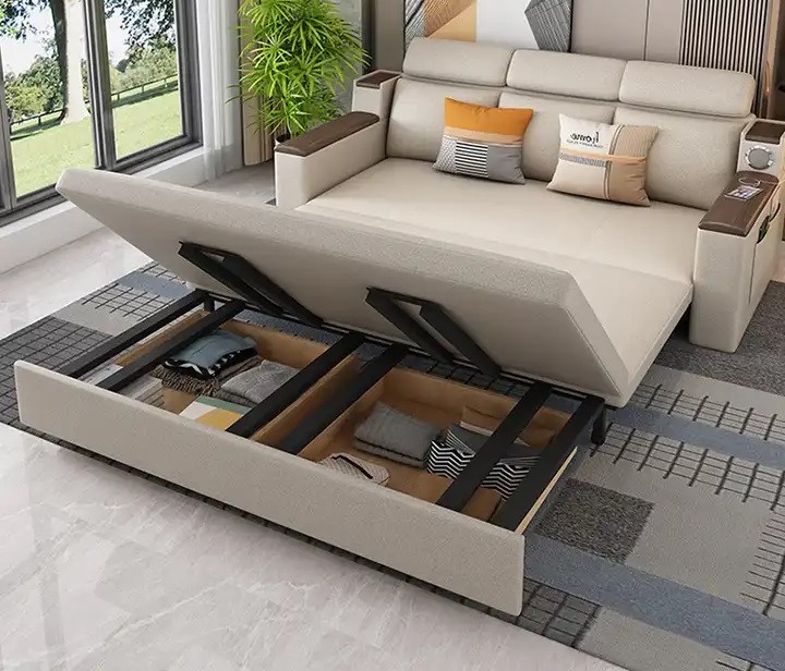 beżowa rozkładana sofa z dwoma portami usb i schowkami