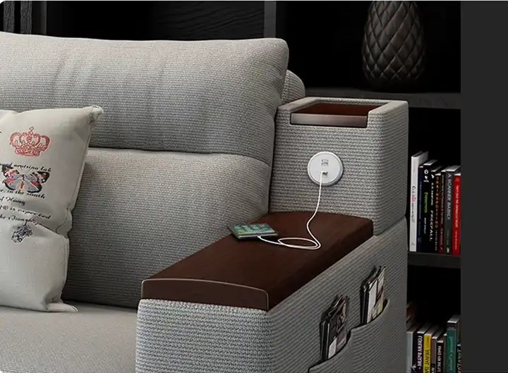 szara rozkładana sofa z dwoma portami usb i schowkami